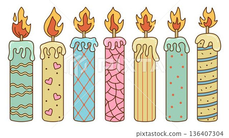 Color groovy retro long candles with abstract geometric patterns. Different decorative high candles with melted wax and flame. Colorful vintage clipart vector set Color groovy retro long candles with abstract geometric patterns. Different decorative high candles with melted wax and flame. Colorful vintage clipart vector set 136407304