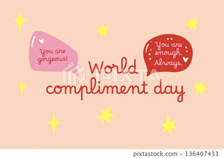 Soft pastel card celebrating compliment day. Ideal for social posts stories or cute printable designs about kindness and support. 136407433