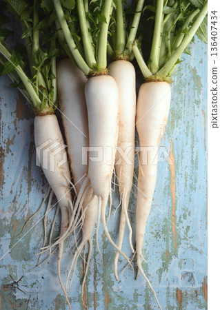 Raw daikon radish on vintage blue wooden surface Raw daikon radish on vintage blue wooden surface 136407434