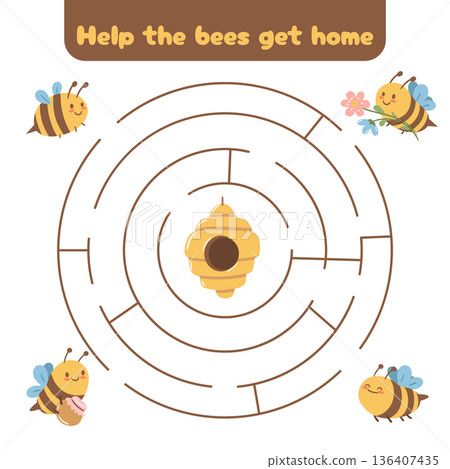 Circular maze game with bees flying around the hive. A charming activity for calm and focused play. Circular maze game with bees flying around the hive. A charming activity for calm and focused play. 136407435