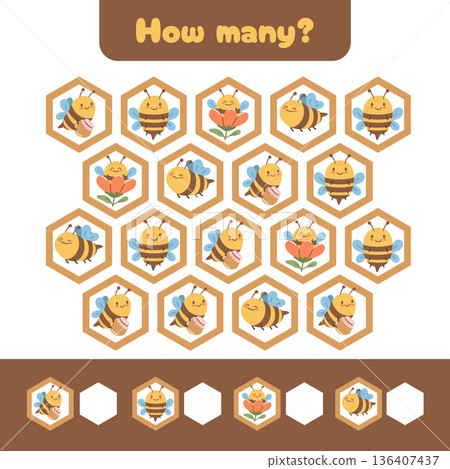 Counting game with honeycomb shapes and bees. A bright educational worksheet that makes learning numbers feel like a fun puzzle. Counting game with honeycomb shapes and bees. A bright educational worksheet that makes learning numbers feel like a fun puzzle. 136407437