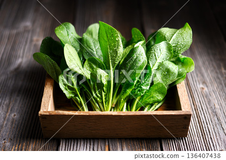 Rinsed spinach foliage placed in vintage wooden crate Rinsed spinach foliage placed in vintage wooden crate 136407438