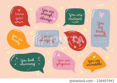 Set of colorful speech bubbles with kind messages. Perfect for stickers, cards, planners or positive social media designs. Set of colorful speech bubbles with kind messages. Perfect for stickers, cards, planners or positive social media designs. 136407441