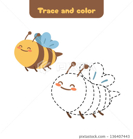 Cute tracing worksheet with a friendly bee. Designed to help kids train hand control and focus while having fun with a sweet nature theme. Cute tracing worksheet with a friendly bee. Designed to help kids train hand control and focus while having fun with a sweet nature theme. 136407443