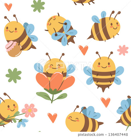 Playful seamless pattern with cute bees and flowers. Perfect for kids textiles, wrapping paper, packaging, wallpapers and cheerful backgrounds. Playful seamless pattern with cute bees and flowers. Perfect for kids textiles, wrapping paper, packaging, wallpapers and cheerful backgrounds. 136407448