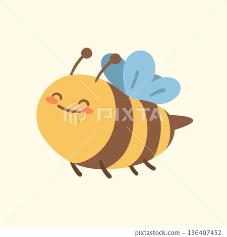 Cute round bee character in soft colors. Perfect for kids illustrations, playful branding, nursery prints and friendly nature-themed projects. 136407452
