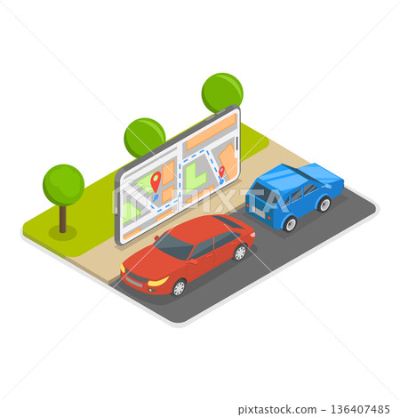 3D Isometric Flat  Illustration of Renting a Car Using a Mobile Application. Item 3 136407485