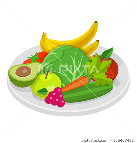 3D Isometric Flat Set of Vegetarian Food Plates. Item 8 3D Isometric Flat Set of Vegetarian Food Plates. Item 8 136407498