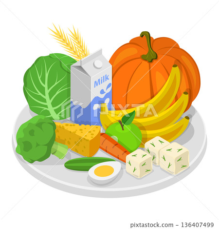 3D Isometric Flat Set of Vegetarian Food Plates. Item 7 3D Isometric Flat Set of Vegetarian Food Plates. Item 7 136407499
