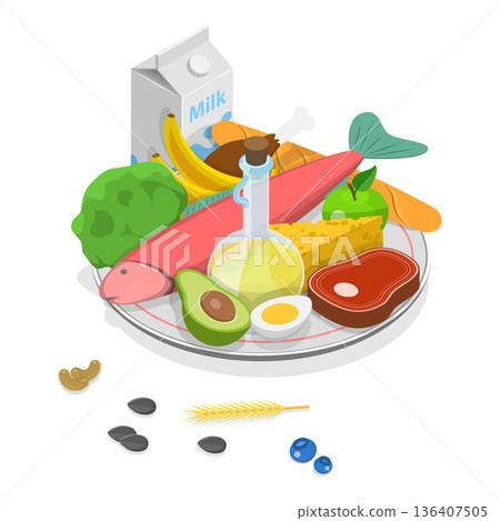 3D Isometric Flat  Set of Vegetarian Food Plates. Item 1 136407505