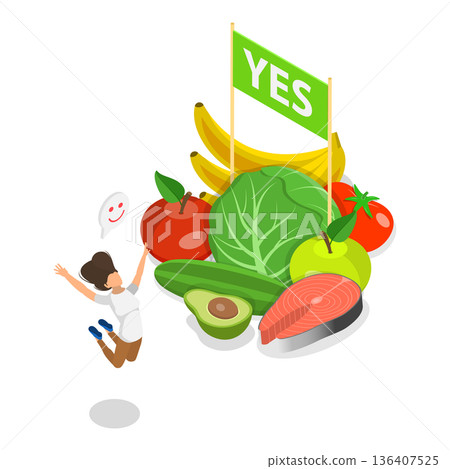 3D Isometric Flat  Illustration of Good And Bad Food For Liver. Item 1 136407525