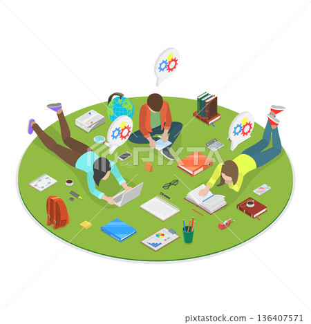3D Isometric Flat  Illustration of Reading Characters. Item 4 136407571