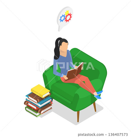 3D Isometric Flat  Illustration of Reading Characters. Item 2 136407573