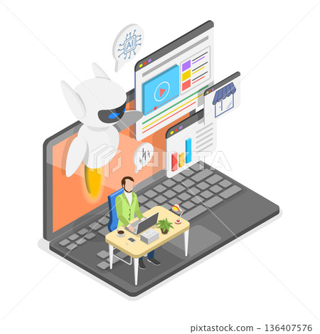 3D Isometric Flat Illustration of AI Sales Improvement. Item 2 3D Isometric Flat Illustration of AI Sales Improvement. Item 2 136407576