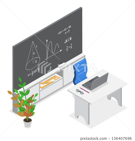 3D Isometric Flat  Illustration of Classroom set in School. Item 2 136407696