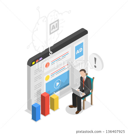 3D Isometric Flat  Illustration of Advertising Efficiency AI-Technology. Item 2 136407925