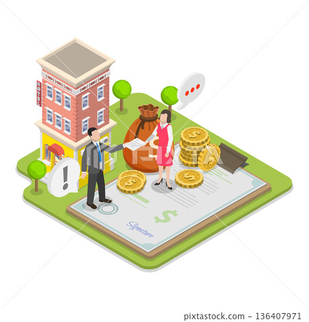 3D Isometric Flat  Illustration of Home Loan Agent Checking Credit History. Item 1 136407971