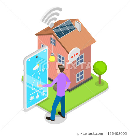 3D Isometric Flat  Illustration of Residential Home Energy Efficiency. Item 2 136408003