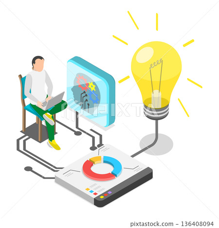 3D Isometric Flat  Illustration of Artificial Intelligence In Energy Production. Item 3 136408094
