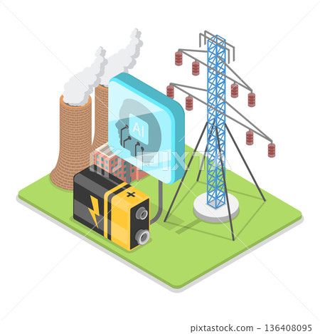 3D Isometric Flat  Illustration of Artificial Intelligence In Energy Production. Item 2 136408095
