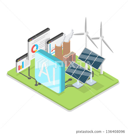3D Isometric Flat  Illustration of Artificial Intelligence In Energy Production. Item 1 136408096
