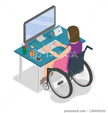 3D Isometric Flat Illustration of Disabled Character and Household Chores. Item 4 3D Isometric Flat Illustration of Disabled Character and Household Chores. Item 4 136408193