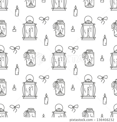 Wax candles seamless pattern. Hand drawn line art lanterns repeat background 136408232