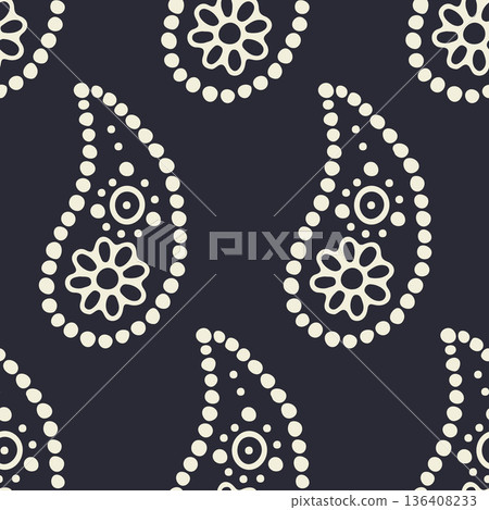 Hand drawn black and white intricate line art Paisley seamless pattern on dark background Hand drawn black and white intricate line art Paisley seamless pattern on dark background 136408233