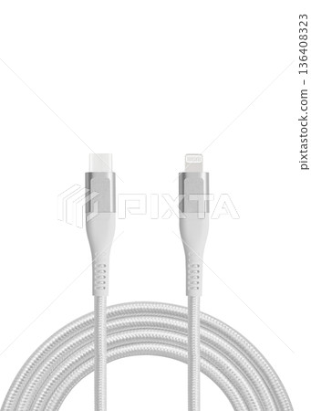 White cable for charging and synchronization with Type - C, USB, Micro USB, Lightning connectors on a white background White cable for charging and synchronization with Type - C, USB, Micro USB, Lightning connectors on a white background 136408323