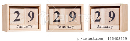 Wooden calendar, a set of dates of the month 29 January, on a white and transparent background Wooden calendar, a set of dates of the month 29 January, on a white and transparent background 136408339