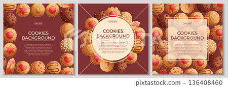 A set of colorful backgrounds with delicious cookies. The concept of confectionery, baking, cooking. Vector illustration for the design of posters, flyers, postcards, invitations A set of colorful backgrounds with delicious cookies. The concept of confectionery, baking, cooking. Vector illustration for the design of posters, flyers, postcards, invitations 136408460