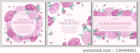 A set of colorful backgrounds with beautiful delicate peonies. The concept of a wedding, March 8th, mother's day, birthday. Vector illustration for the design of posters, flyers, postcards, invitation A set of colorful backgrounds with beautiful delicate peonies. The concept of a wedding, March 8th, mother's day, birthday. Vector illustration for the design of posters, flyers, postcards, invitation 136408461