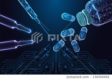 AI pharma concept with glowing pill capsules, syringe and vial over circuit board, medicine vector AI pharma concept with glowing pill capsules, syringe and vial over circuit board, medicine vector 136408468