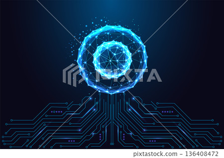 AI Data Core Geometric Sphere with Digital Particles and Circuit Roots. Futuristic Tech vector 136408472