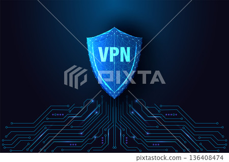 VPN cybersecurity concept with glowing digital shield and circuit board, online protection vector  136408474