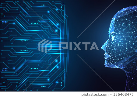 Digital AI face with glowing wireframe and circuit board, machine learning and cyber intelligence 136408475