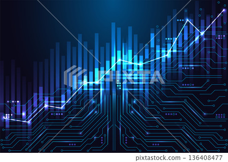 AI Financial Growth Chart over Digital Circuit Board. Data Economy and Future Market Technology 136408477