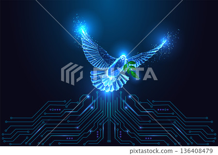 AI Global Unity Dove with Olive Branch and Digital Circuitry. Ethical Tech and Future Peace Concept AI Global Unity Dove with Olive Branch and Digital Circuitry. Ethical Tech and Future Peace Concept 136408479