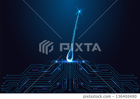 Single digital hair follicle emerging from circuit board, AI biotechnology and beauty science vector 136408480