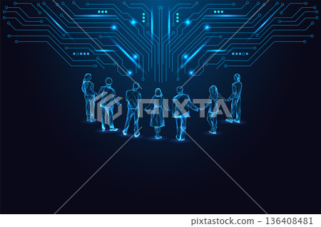 Glowing digital people standing under circuit network, AI society, diversity and smart community 136408481
