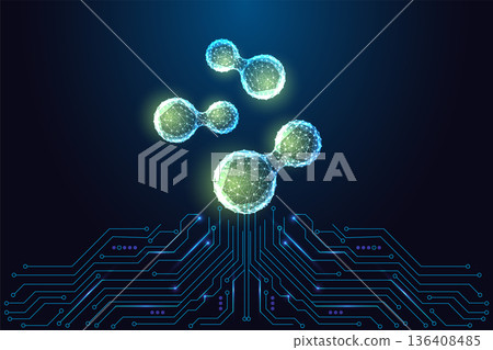 Hydrogen Energy Molecules. Clean Fuel Tech, Green Innovation, Low Poly Vector Illustration 136408485