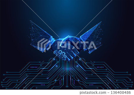 Futuristic digital handshake above circuit board, AI partnership, human-machine collaboration vector Futuristic digital handshake above circuit board, AI partnership, human-machine collaboration vector 136408486