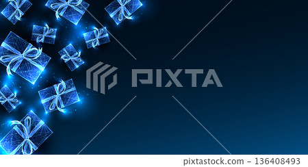 Digital Gift Boxes banner with space for text. Holiday Tech, Futuristic Present, vector Illustration Digital Gift Boxes banner with space for text. Holiday Tech, Futuristic Present, vector Illustration 136408493