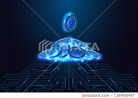 Digital Coins Stack above circuit board. Fintech Wealth, Cryptocurrency Concept, Vector Illustration 136408497