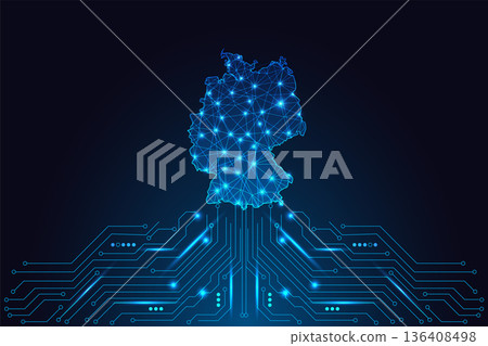 Digital map of Germany glowing on circuit board, AI transformation and tech-powered nation vector Digital map of Germany glowing on circuit board, AI transformation and tech-powered nation vector 136408498
