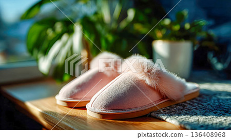 Luxurious pink fur slippers on a wooden surface in warm sunlight, cozy home interior with soft background blur 136408968