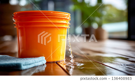 Water spilling onto a floor towel with orange bucket in background, indoor cleaning concept 136408983
