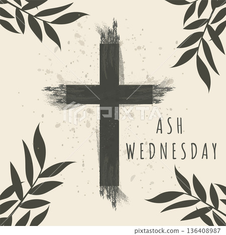 Ash Wednesday square post with black cross and dark tropical leaves vector illustration. Ash Wednesday square post with black cross and dark tropical leaves vector illustration. 136408987
