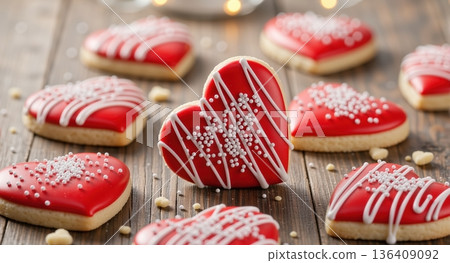 Heart shaped cookies with red icing and white sprinkles on a rustic wooden table. Homemade Valentine's Day sweet treats. Romantic dessert concept Heart shaped cookies with red icing and white sprinkles on a rustic wooden table. Homemade Valentine's Day sweet treats. Romantic dessert concept 136409092