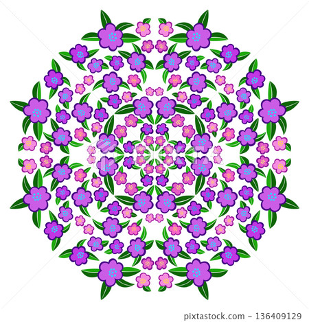 Purple pink round ethnic ornament of flowers 136409129